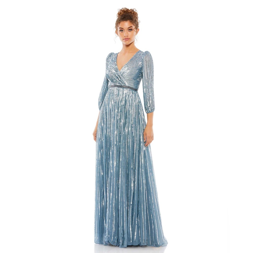 Mac Duggal Sequined Wrap Over 3/4 Sleeve Gown Dress